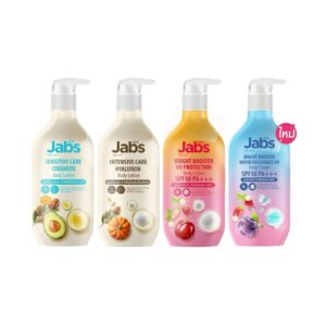 Jabs Body Lotion 450ml bottles in four different formulas including ceramide hyaluron and SPF variants