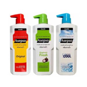 Asepso Body Wash 500ml antibacterial shower cream bottles in red green and blue variants