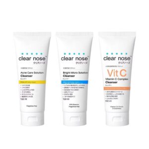 Clear Nose Cleanser 150ml Acne Care Yellow, Bright Micro Solution Blue, and Vitamin C Complex Orange facial cleanser bottles