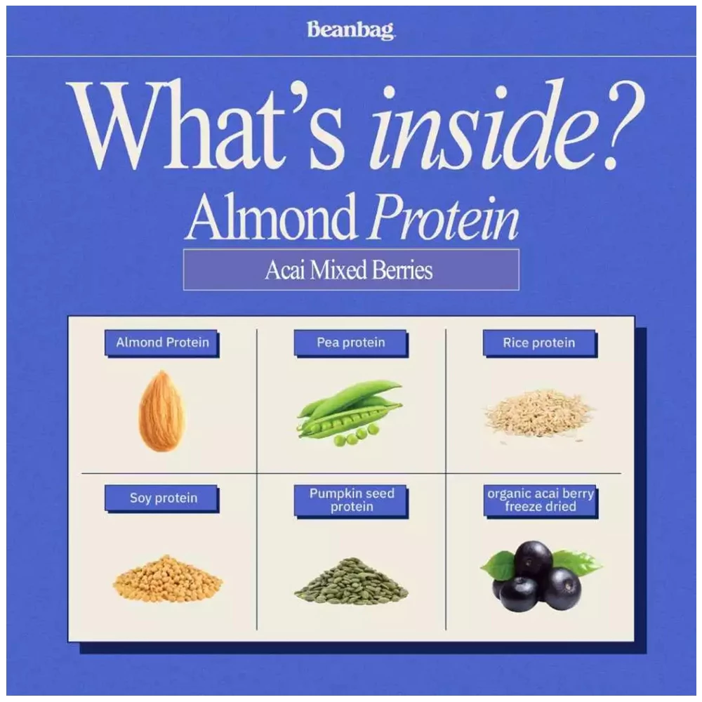 Beanbag almond protein powder acai mixed berries plant based protein 500g high protein supplement