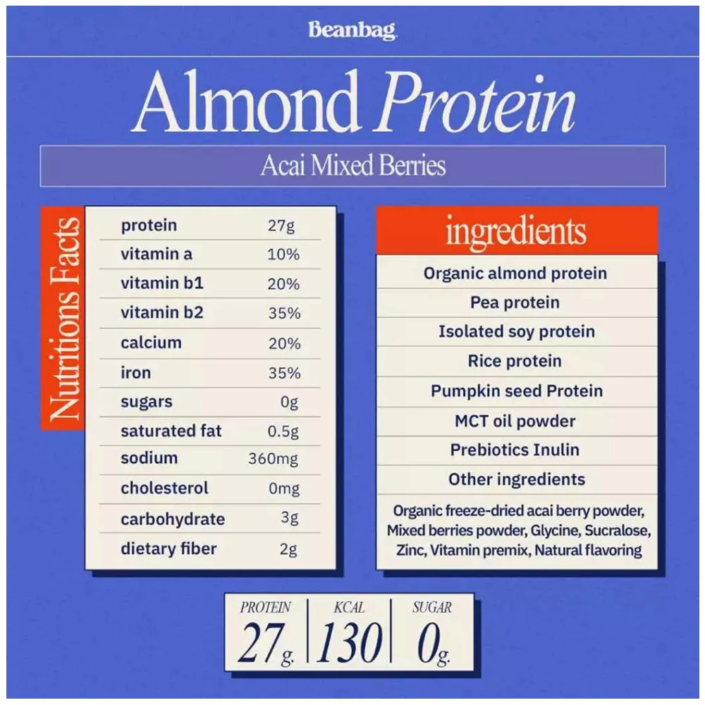 Beanbag almond protein powder acai mixed berries plant based protein 500g high protein supplement