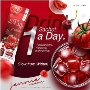 Jennie Moon Gluta Glow Lyco Drink Lycopene Glutathione Skin Brightening Supplement 1 bag 30 Sachets