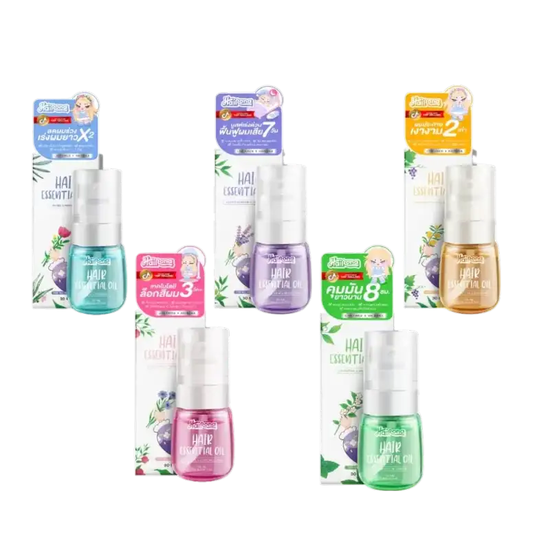 Livetined Hair Essence Oil 30ml nourishing hair serum available in Blue NourishSleek, Purple Renight, Yellow GlowGuard, Pink ColorLock, and Green BreezeDry.