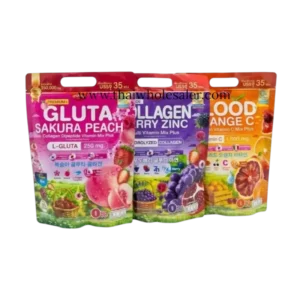 Mikeo Gluta Sakura Peach Collagen Dipeptide Vitamin Mix Plus 35 Sachets Pink Purple Orange Variants
