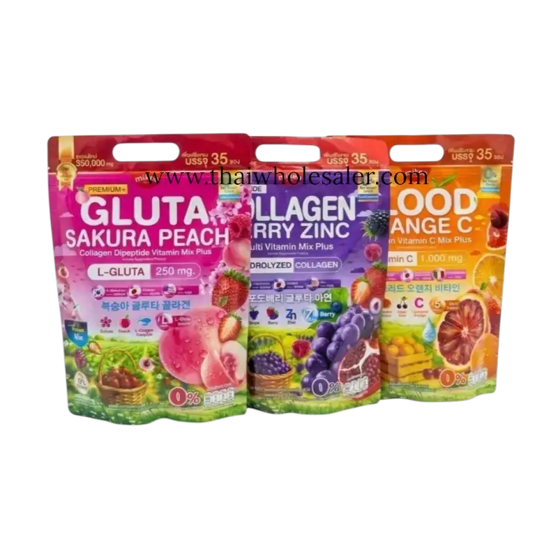 Mikeo Gluta Sakura Peach Collagen Dipeptide Vitamin Mix Plus 35 Sachets Pink Purple Orange Variants